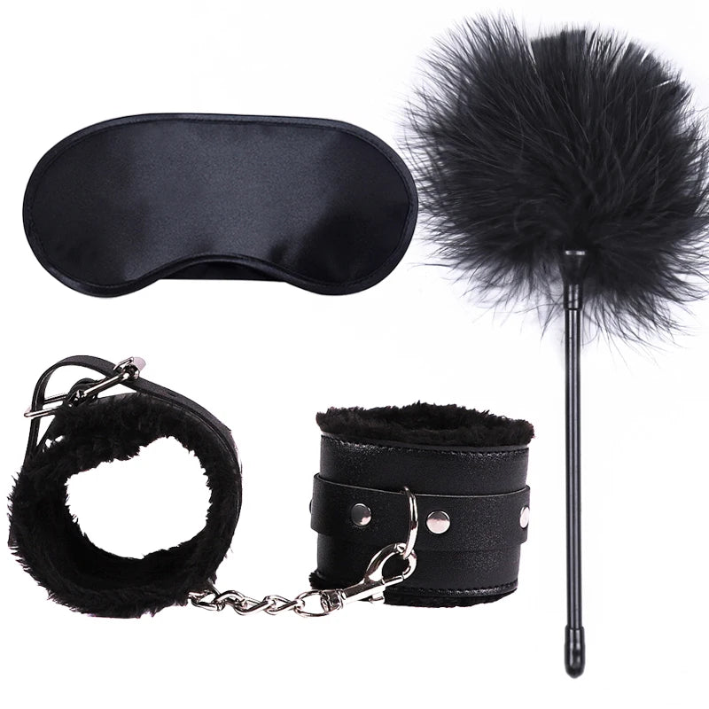 Sex Toys For Women Bdsm Set Sexy Leather Plush Sex Toys Bondage Kit Handcuffs Feather Blindfold Fetish Flirt Goods For Adults