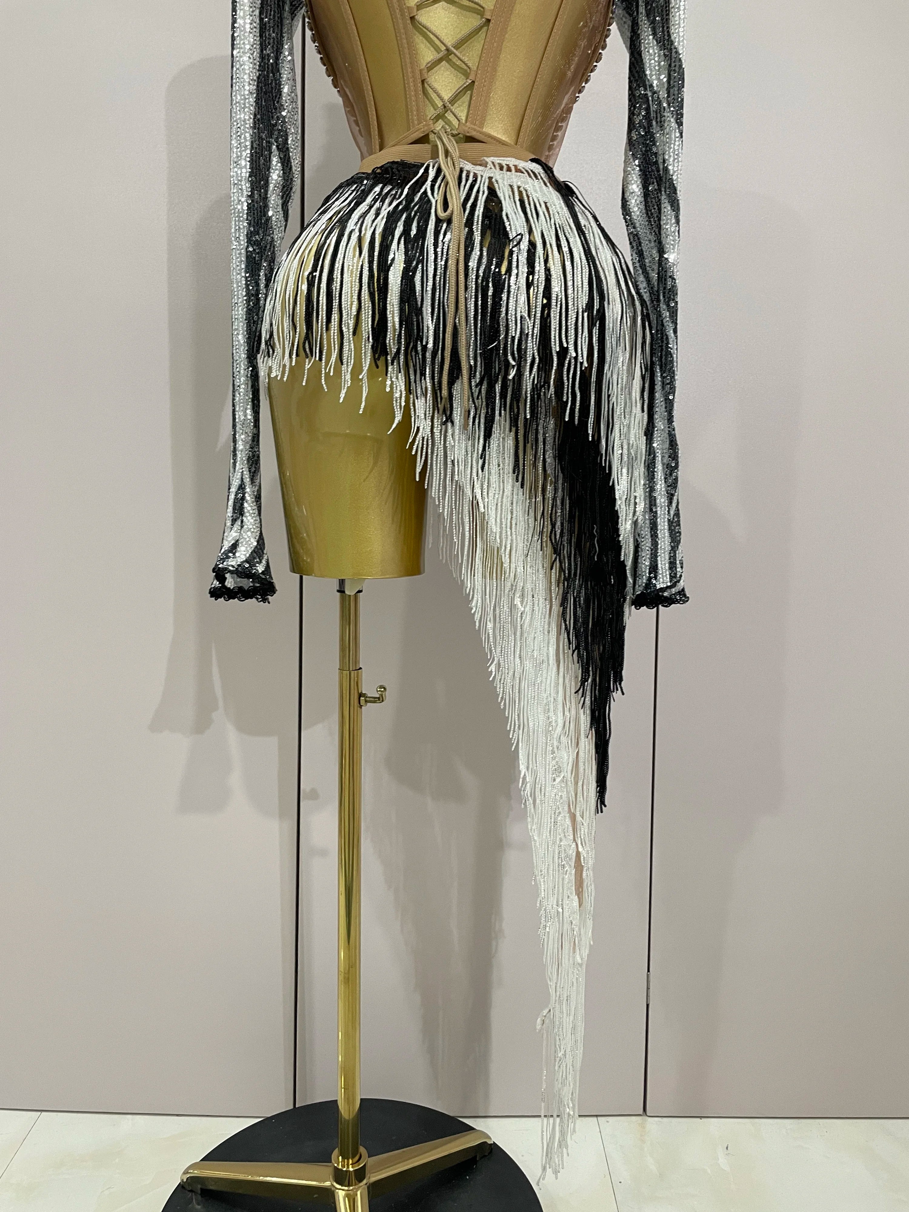 New Shiny Diamond Sequin Tassels Sexy Mesh Long Sleeved Two Piece Set Women Evening Birthday paty Nightclub Stage Costume