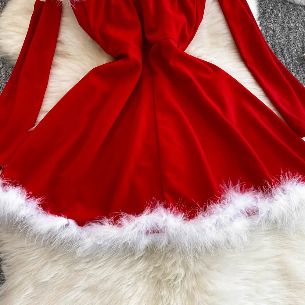 Foamlina Women's Christmas Dress Sexy Low-cut Waist Thin Big Pendulum Fluffy Splicing Suspender Tube Ling Dress Red