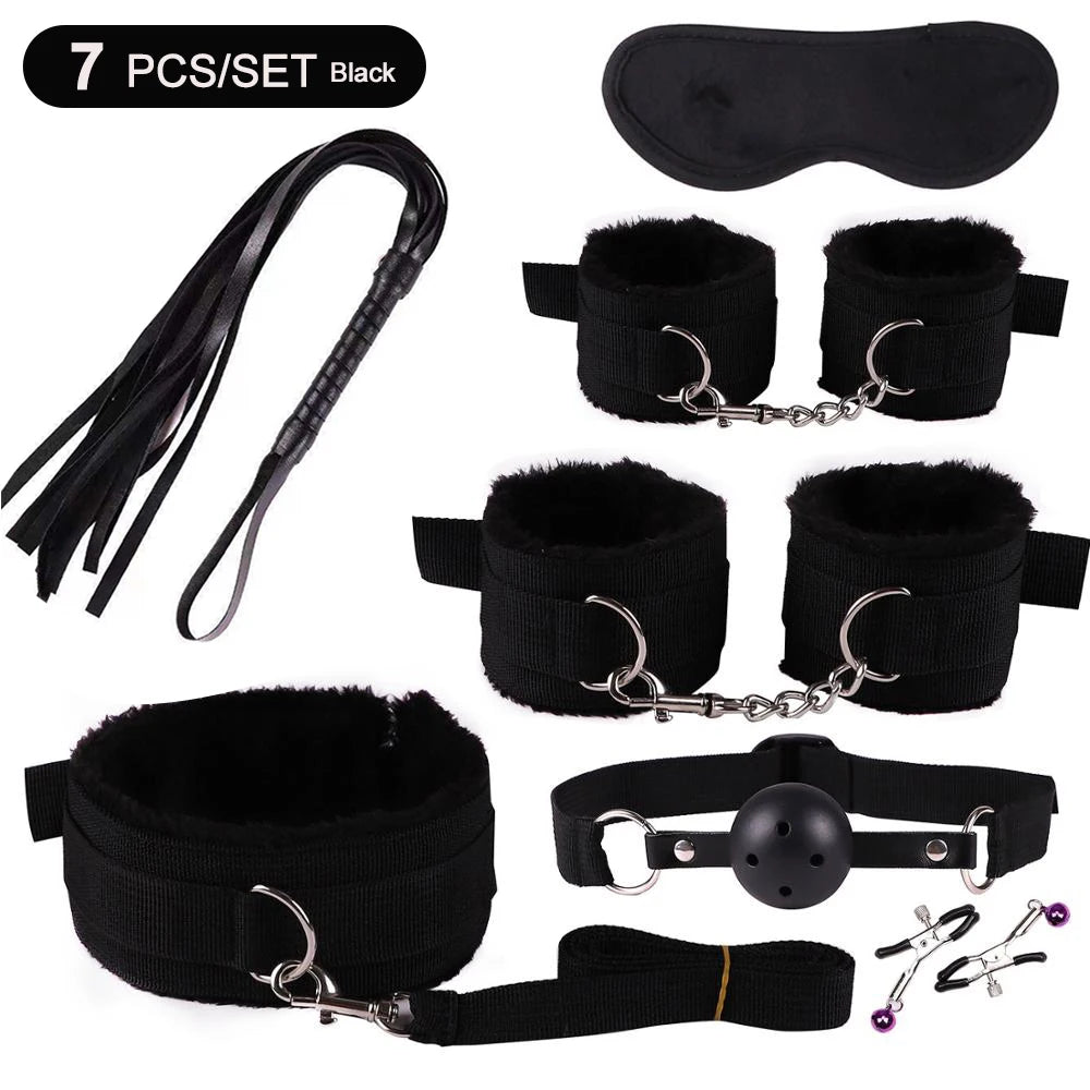 BDSM Adult Sexy Toys For Women Handcuffs Whip Anal Nipple Clamp Blindfold Strap On Vibrator Sex Bondage Set Sexual Couples Kit18