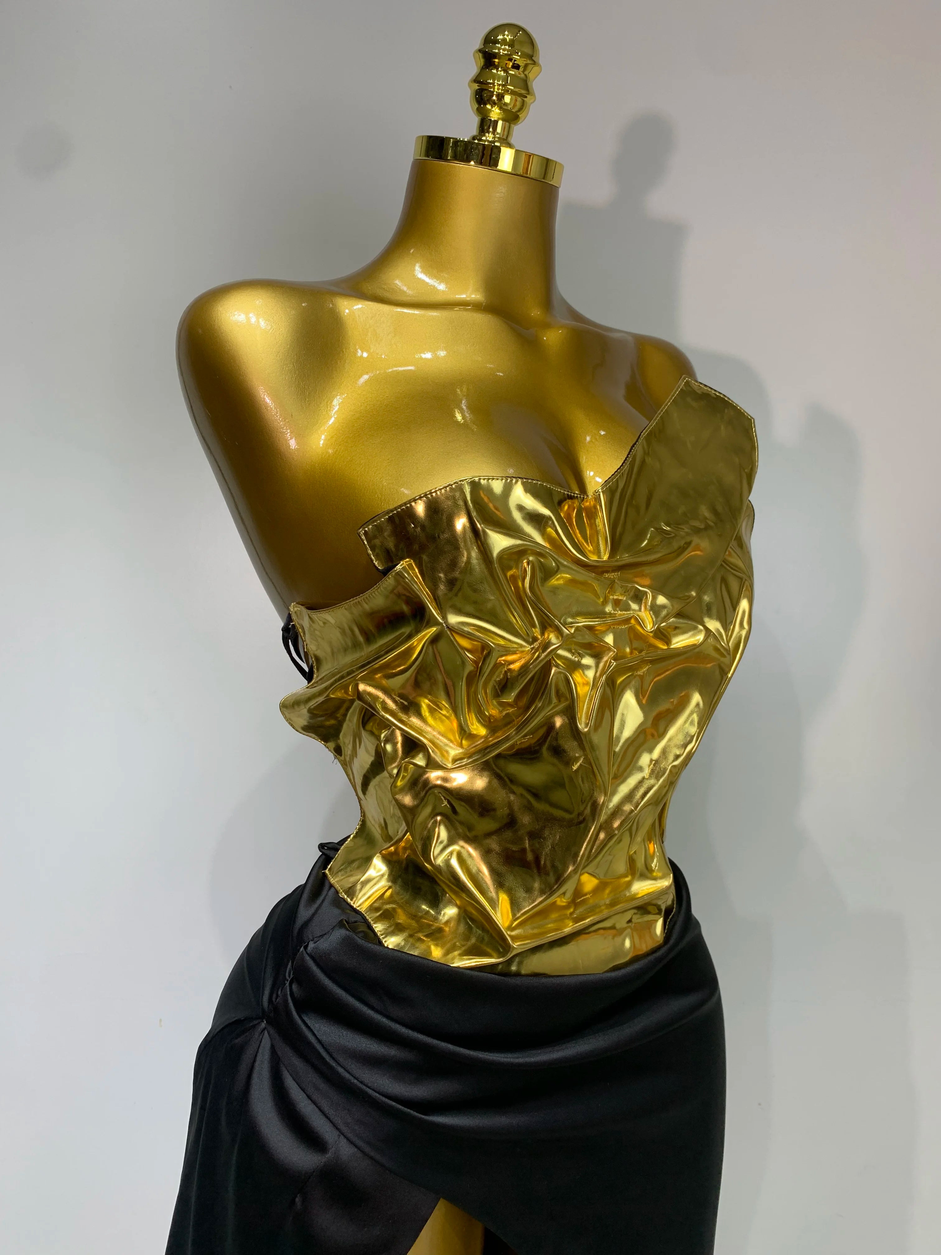 New Arrival Women Gold Color Sexy Laced-up Tops 2 Pieces Set Long Dress Celebrate Evening Party Celebrity Elegant Dress