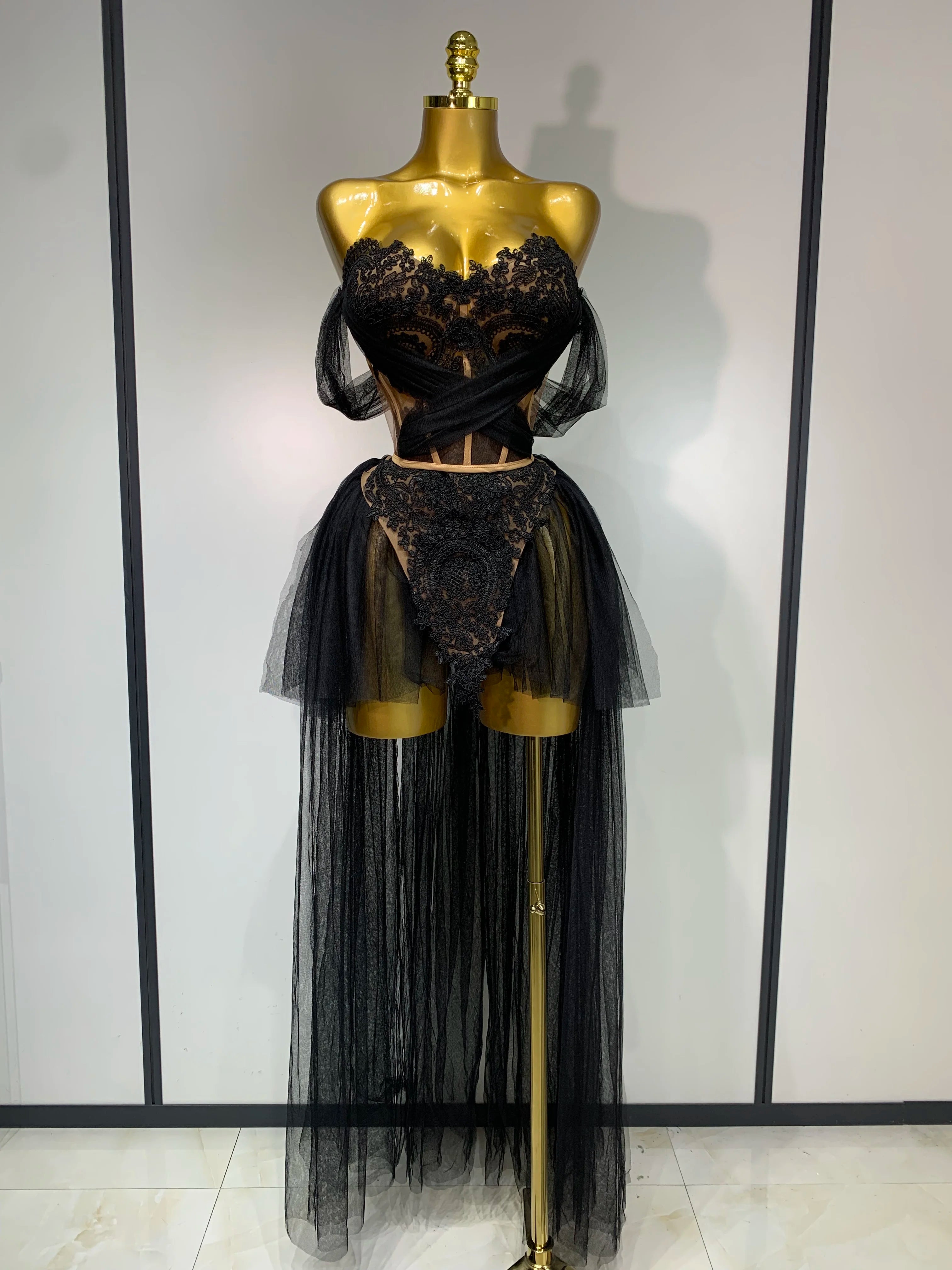 Women Sexy Strapless Pink Mesh Two Pieces Set Prom Gown Celebrate Birthday Nightclub Party Singer Stage Performance Costume