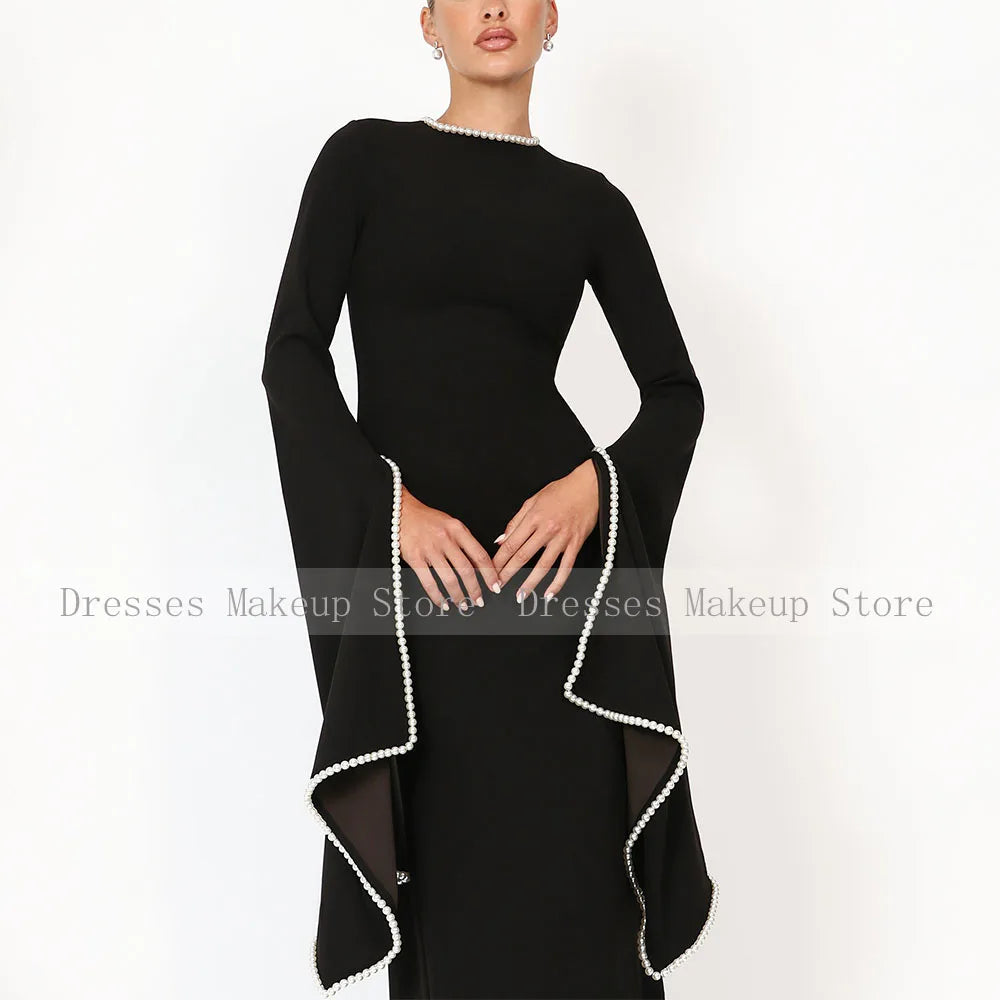 Modest Wedding Guest Dress Black O Neck A Line Elegant Formal Party Gowns for Women Pearls Long Sleeves Evening Dresses
