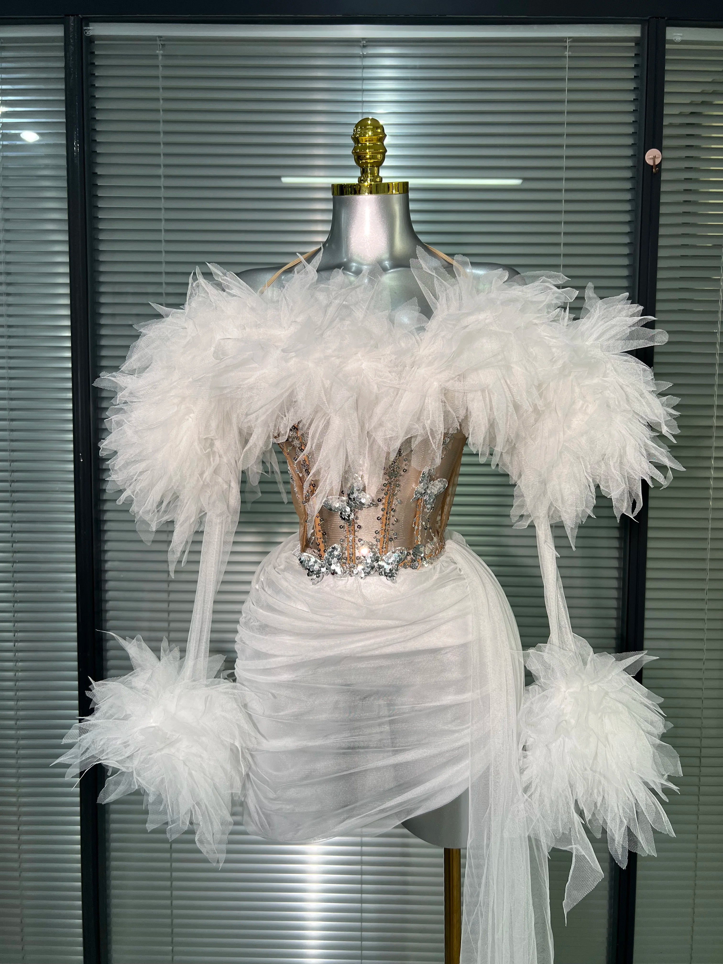 Women Sexy Two Pieces Set Celebrity Sky Blue White Purple Mesh Night Club Sheer Skirt Suits Stage Performance Costume