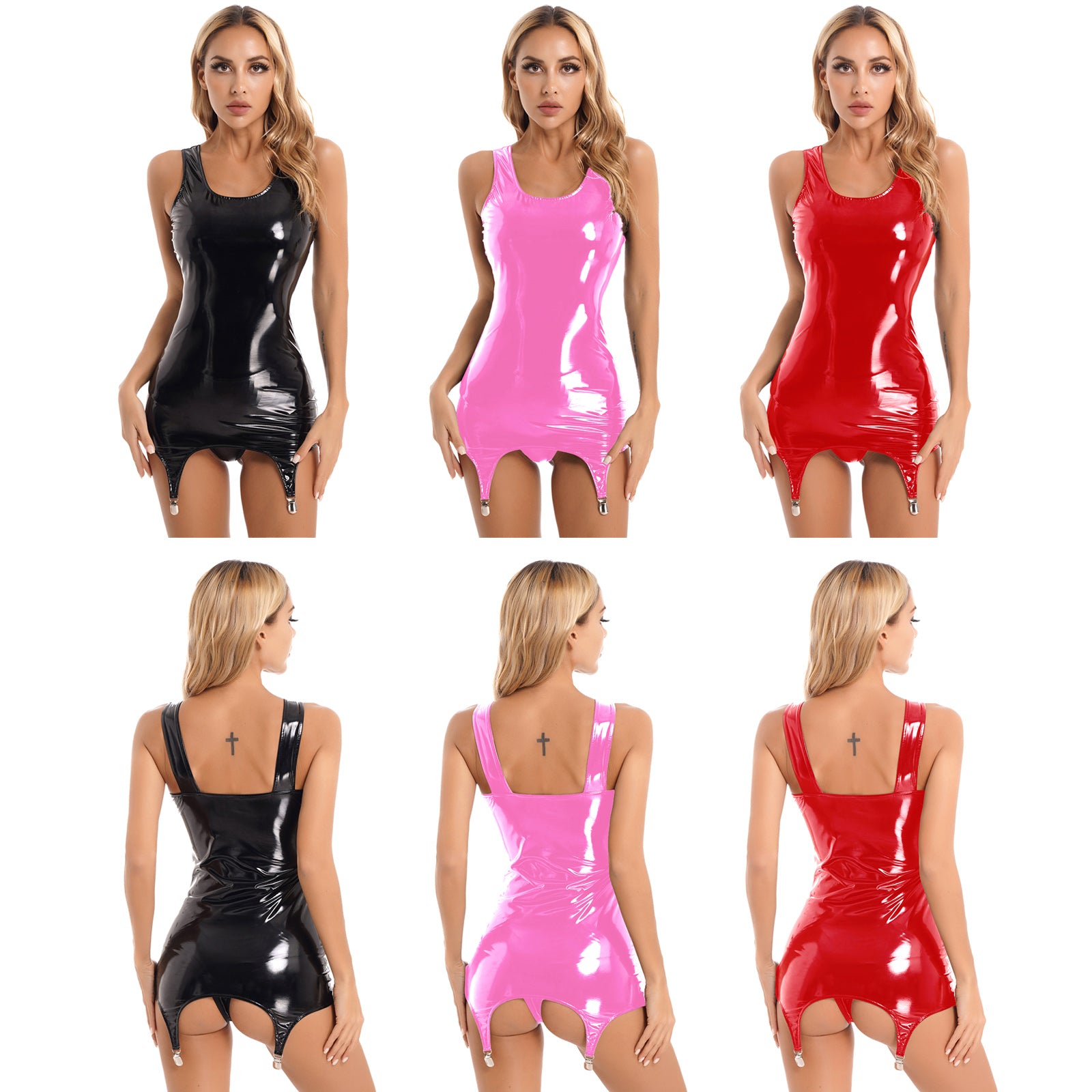 Sexy Women Wetlook Leather Tank Bodycon Dress Latex Sleeveless Mini Dresses Clubwear with Metal Clips Party Club Clothes Femme