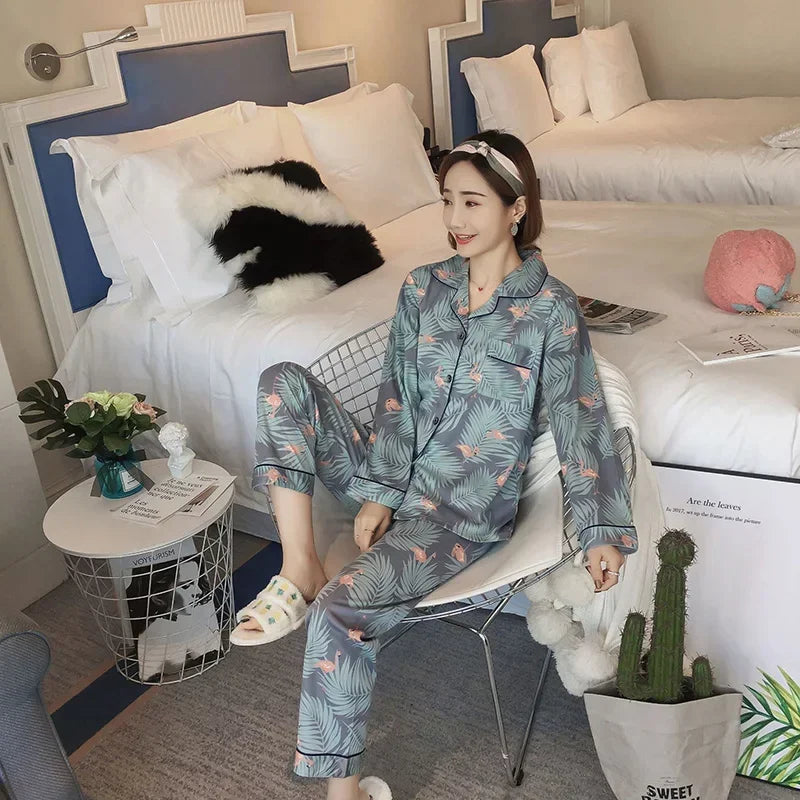 Four Seasons Women Pajamas Set with Lapel Top and Long Pants Checkered Striped Printed 2 Piece Set Ladies Nightwear Homewear