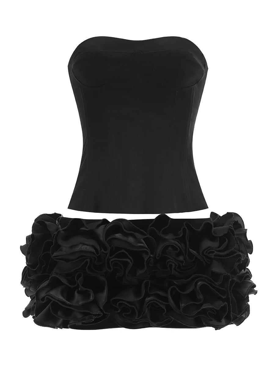 VC Christmas Dress Strapless Red Structured Top With Floral Embellished Mini Skirt Bodycon Celebrity Party Cocktail 2 Pieces Set