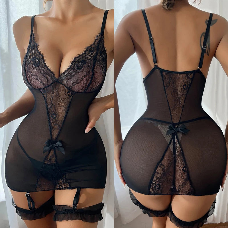 Sexy Transparent V-neck Lace Up Evening Lingerie Women Underwear Doll Pornographic Erotic Dress Seductive Skirt Garter Belt Sets