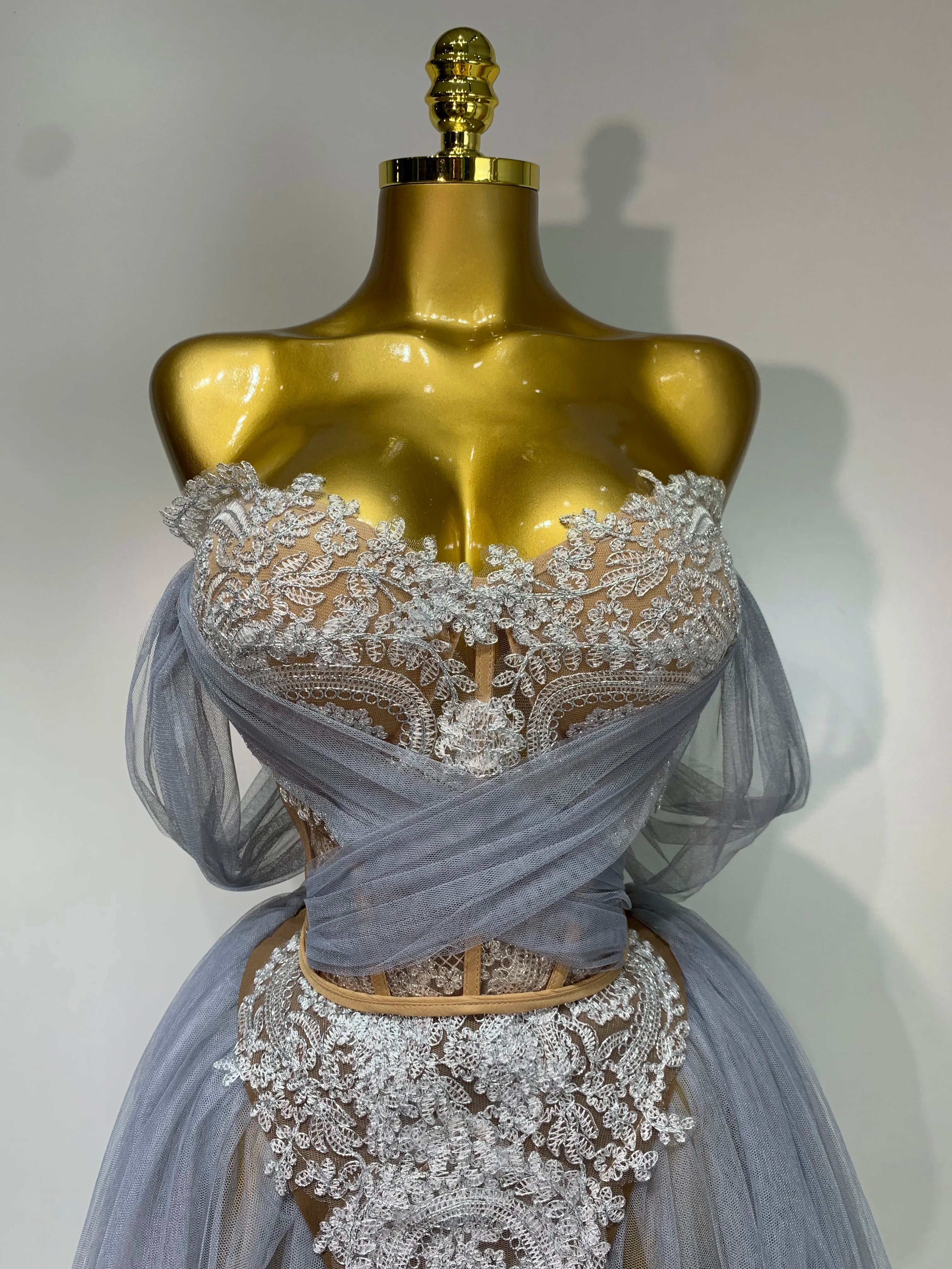 Women Sexy Strapless Pink Mesh Two Pieces Set Prom Gown Celebrate Birthday Nightclub Party Singer Stage Performance Costume