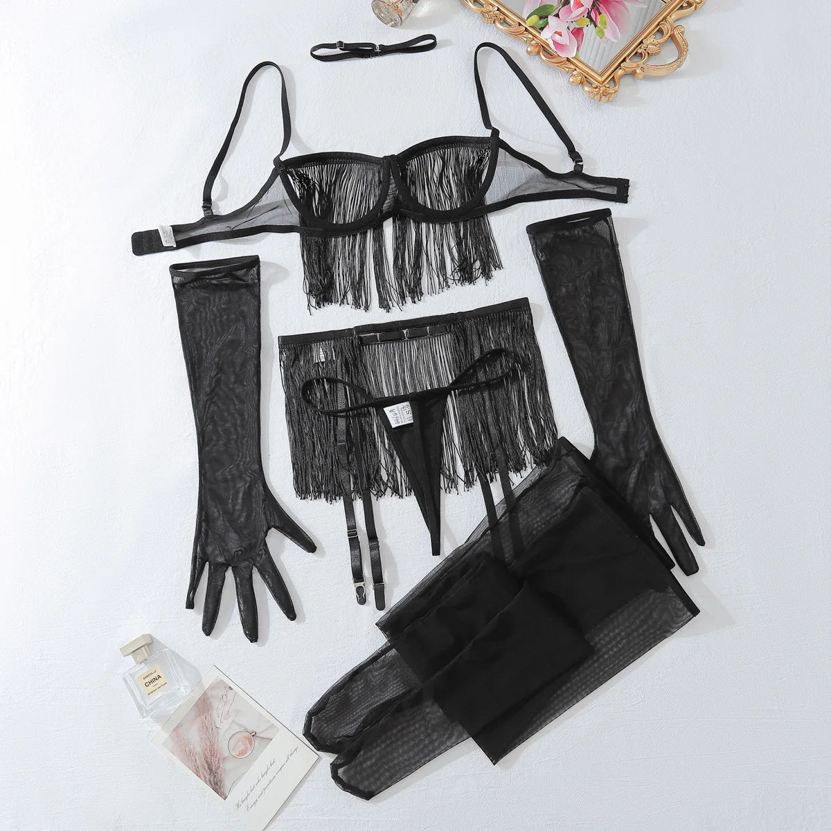 Ellolace Tassel Porn Erotic Lingerie 8-Piece Transparent Ultra Sexy Adult Costume with Garter Outfit Call The Night Sex Suit