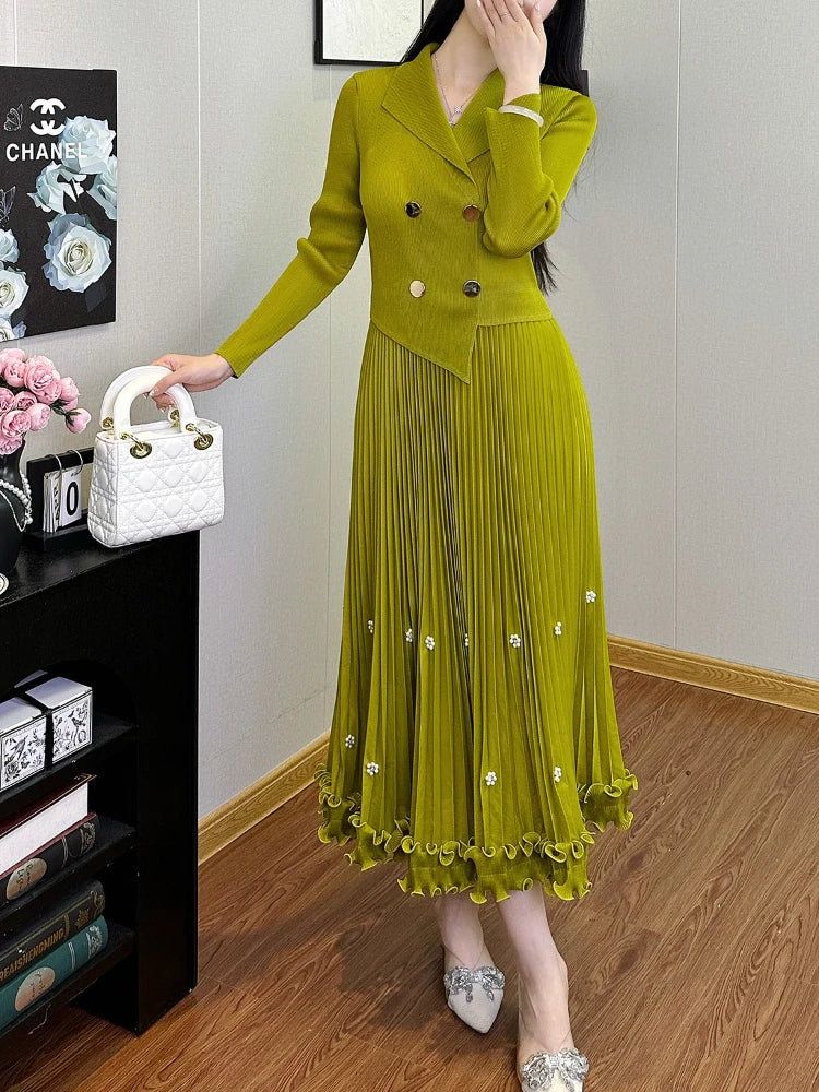 EGRM Miyake Pleated Long Dress Autumn Hot Sale Women's Double Breasted Waist Cinching Slimming High-end Stylish Versatile Skirt