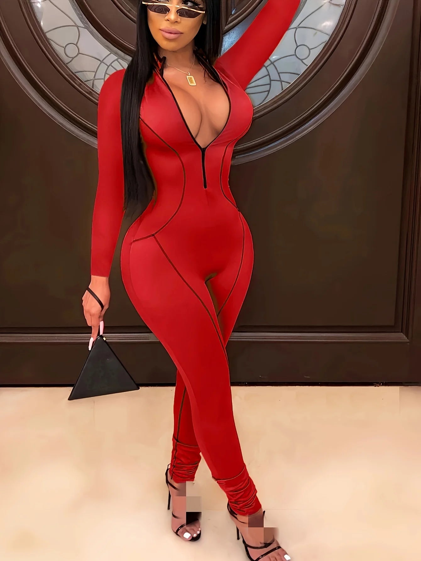 Women Zipper Up Striped Splicing Long Sleeve Bodycon Moto Biker Jumpsuit Sexy Club Night Party Romper Playsuit