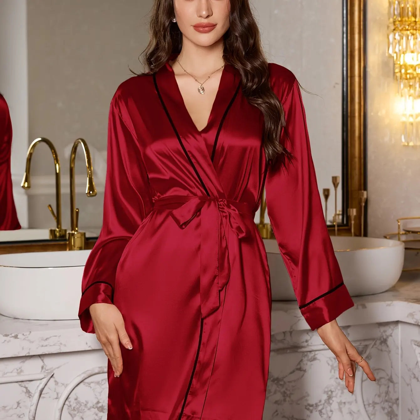 1 Women's Elegant Romantic Short Nightgown, Solid Color Soft Silk Pajamas, Cool and Comfortable Belted Robe, Essential for Home