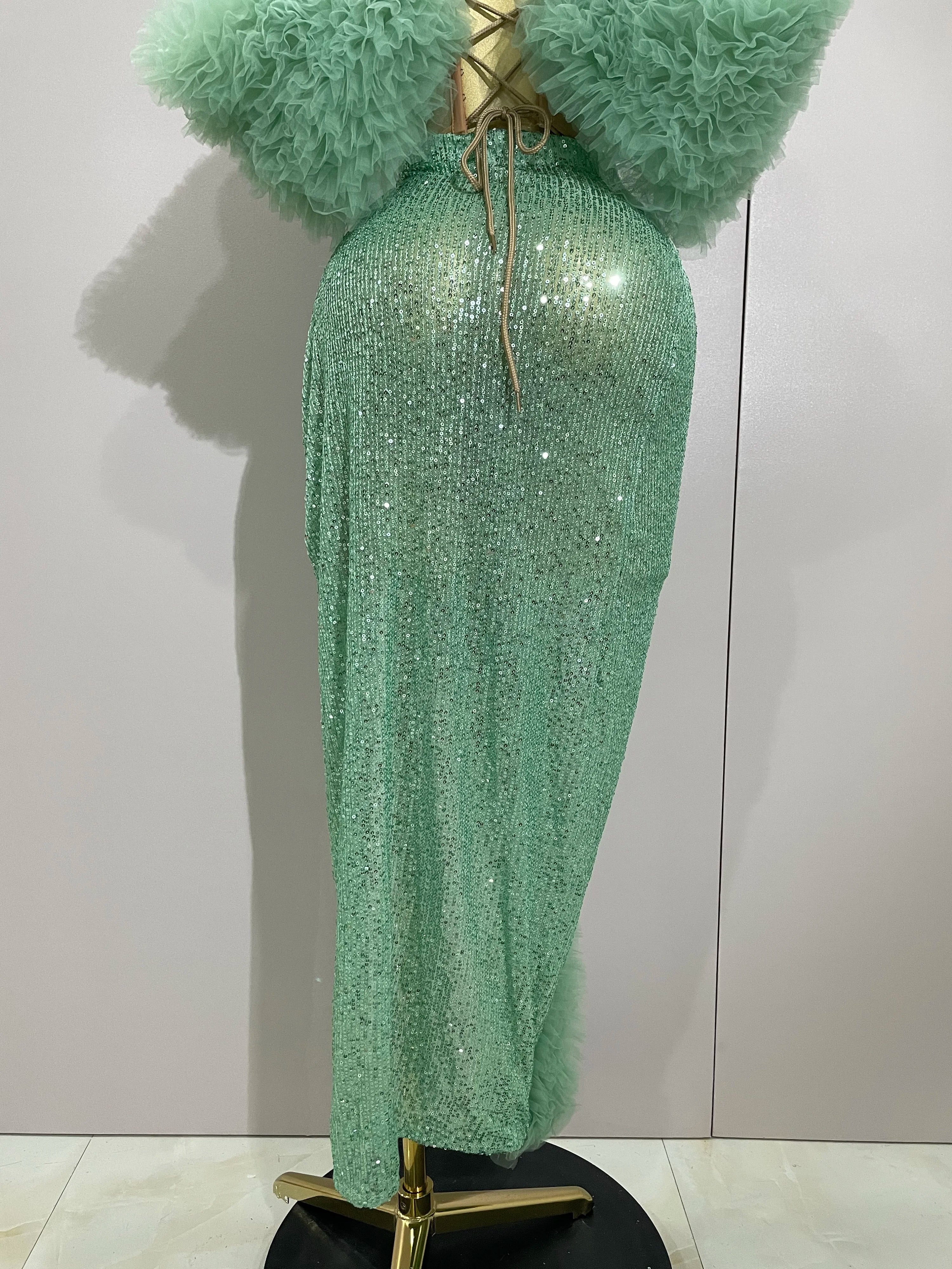 Shiny Sequins Top Short Skirt Two Pieces Set Women Sexy Celebrate Evening Prom Birthday Party Dress Nightclub Stage Outfit