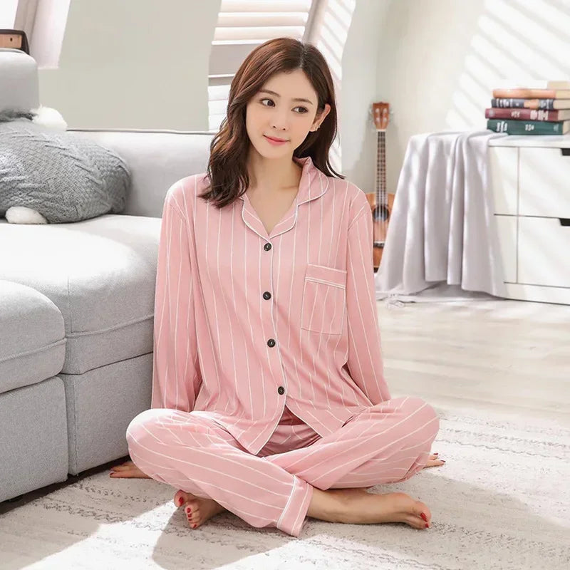 Four Seasons Women Pajamas Set with Lapel Top and Long Pants Checkered Striped Printed 2 Piece Set Ladies Nightwear Homewear