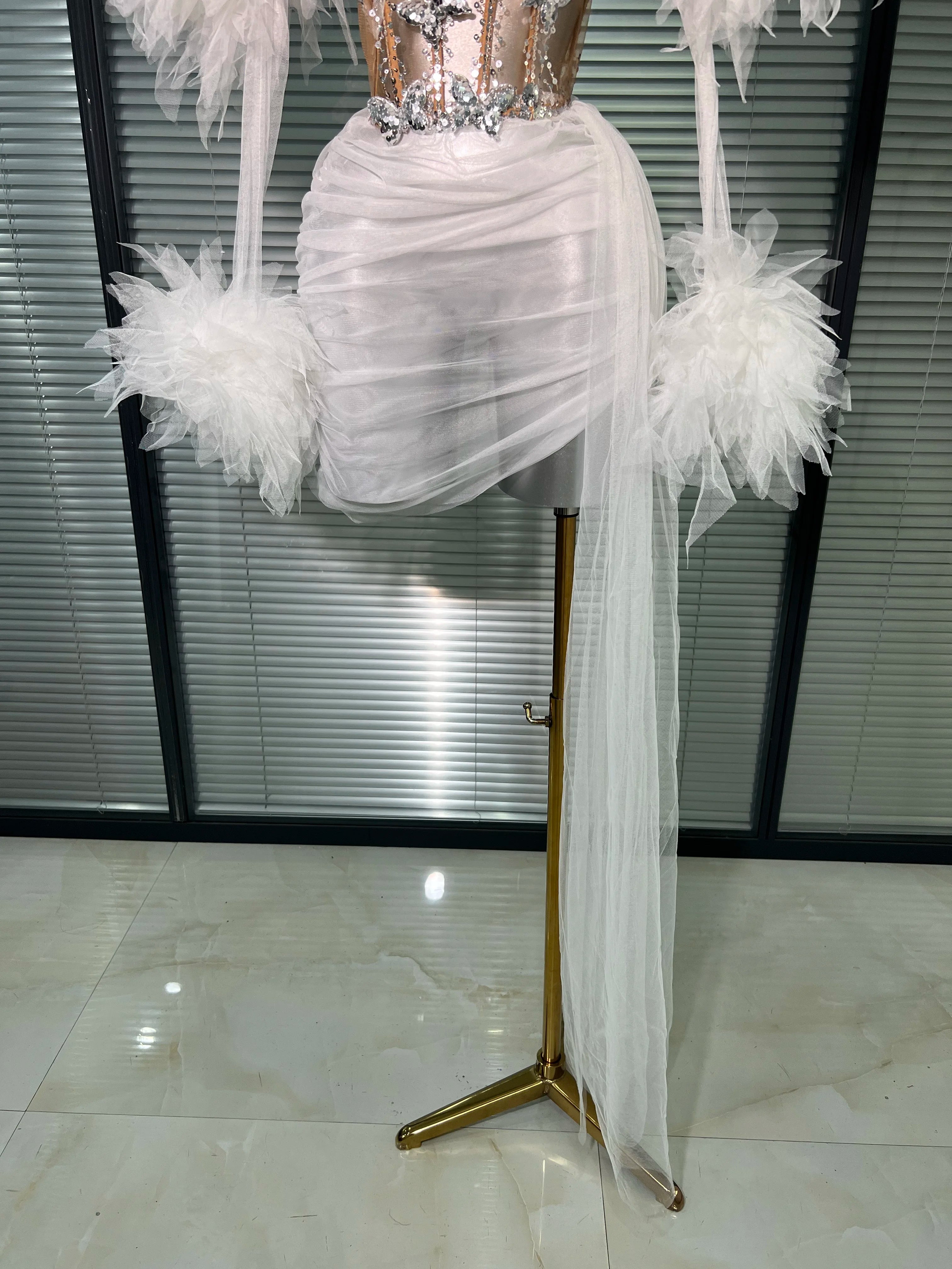 Women Sexy Two Pieces Set Celebrity Sky Blue White Purple Mesh Night Club Sheer Skirt Suits Stage Performance Costume