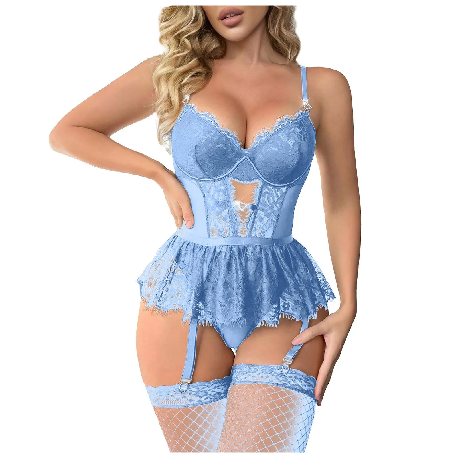 Sexy Three Point Lace Lingerie Set Women Wear Push Up Underwear Mesh Waistband Temptation Garter Belt Leg Loop Erotic Intimates