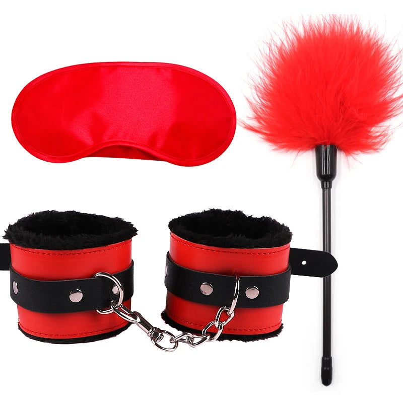 Sex Toys For Women Bdsm Set Sexy Leather Plush Sex Toys Bondage Kit Handcuffs Feather Blindfold Fetish Flirt Goods For Adults