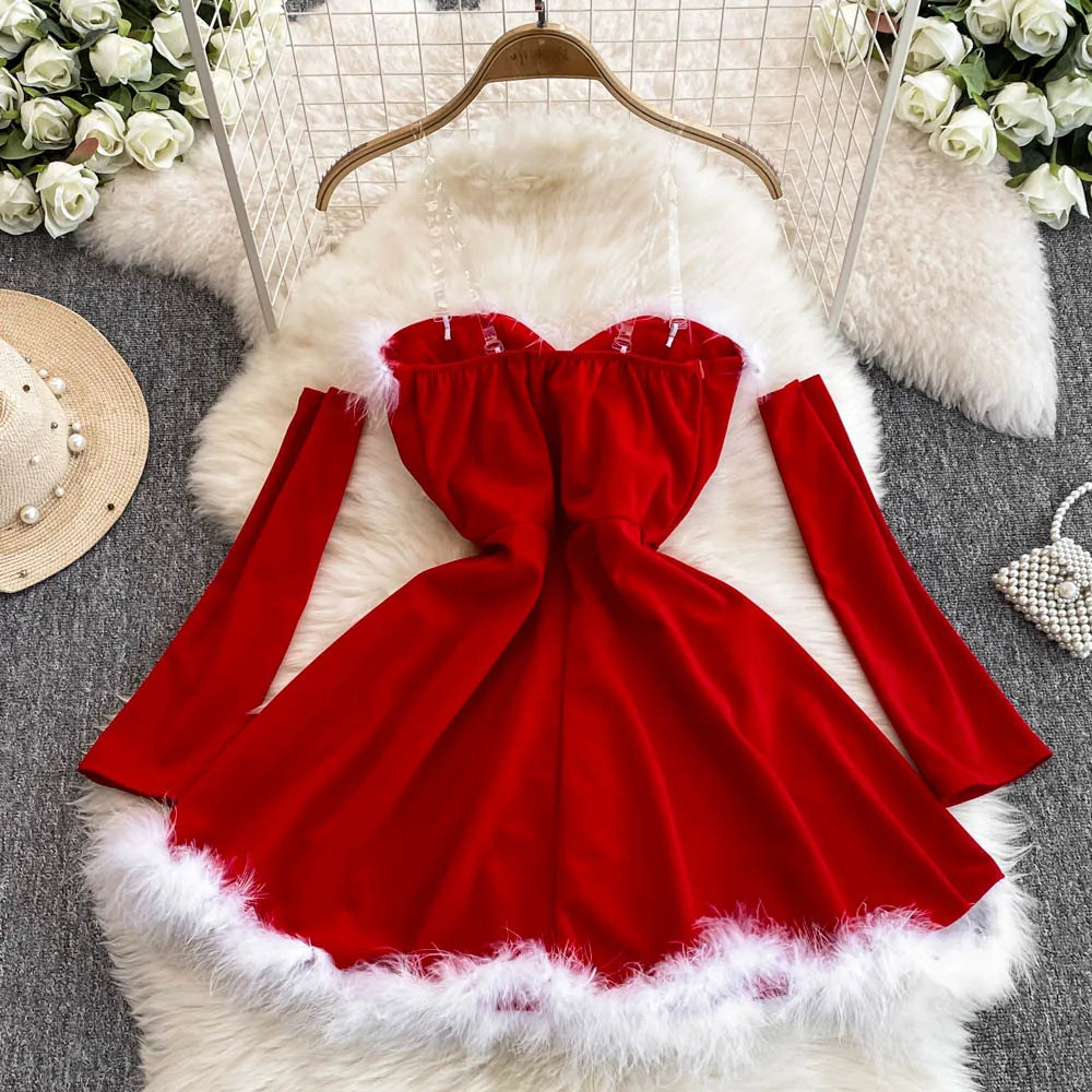 Foamlina Women's Christmas Dress Sexy Low-cut Waist Thin Big Pendulum Fluffy Splicing Suspender Tube Ling Dress Red