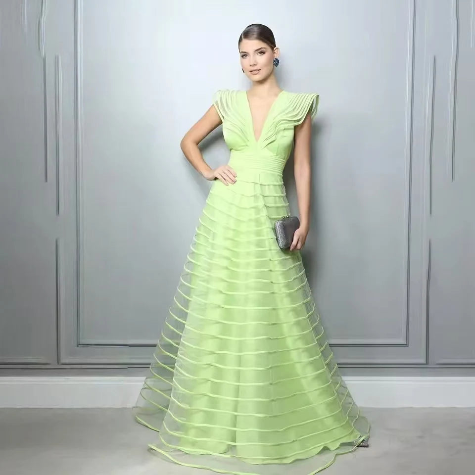 ROSES A Line Fuchsia Formal Dresses Pleat Sleeveless Prom Gown for Woman Deep V Neck Wedding Party Dress robe de bal Customized