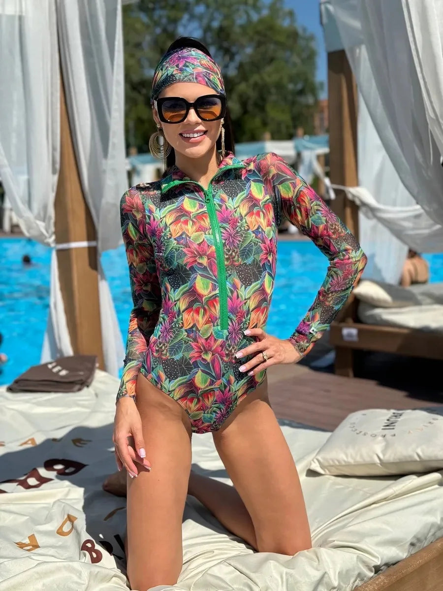 10 Colors UPF 35+ Retro Long Sleeve Swimwear Bodysuit High-end Mesh One Piece Swimsuit Women 2025 Sexy High Cut Bathing Suit