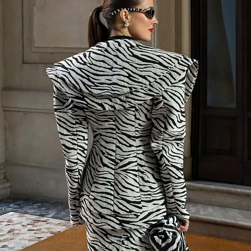 Fashion Zebra Printing Women's Jacket Skirts Suit V-Neck Waist-Closed Lady Sets Elegant 2 Pieces Set Women Outfits