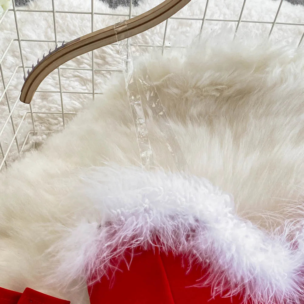 Foamlina Women's Christmas Dress Sexy Low-cut Waist Thin Big Pendulum Fluffy Splicing Suspender Tube Ling Dress Red