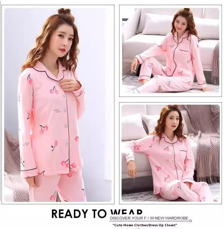 Four Seasons Women Pajamas Set with Lapel Top and Long Pants Checkered Striped Printed 2 Piece Set Ladies Nightwear Homewear