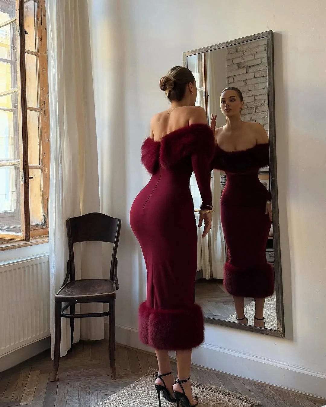 Faux Fur Patchwork Strapless Dress Women Sexy Off-shoulder Full Sleeve Cinched-waist Slim Gowns Lady Chic Evening Party Dresses