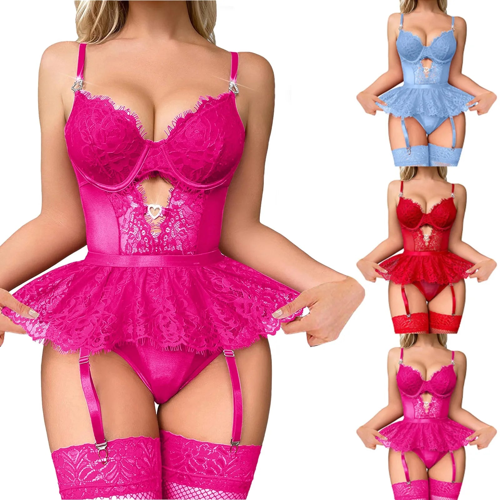 Sexy Three Point Lace Lingerie Set Women Wear Push Up Underwear Mesh Waistband Temptation Garter Belt Leg Loop Erotic Intimates