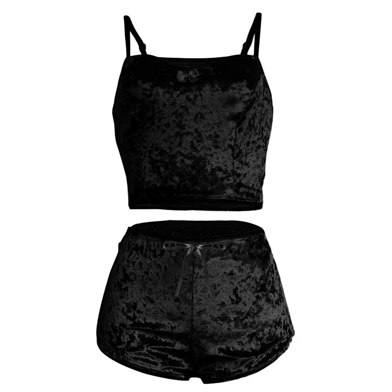 Women's Sexy Suspender Sleepwear Set Black Gold Velvet Two-Piece Set Suspender Home Women's Sleepwear Set