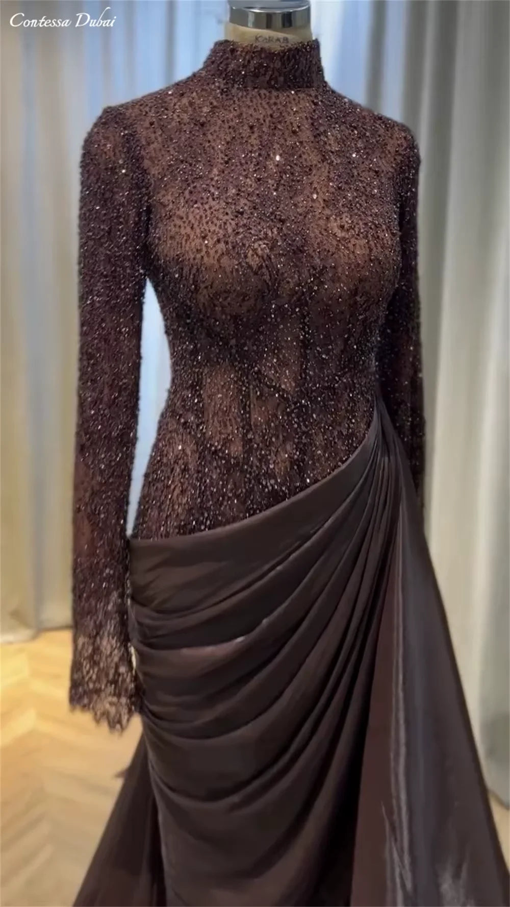 Contessa Customized Beaded sequins Lace Corset Prom Dress High-necked long-sleeved robes de soirée Train Formal events dress