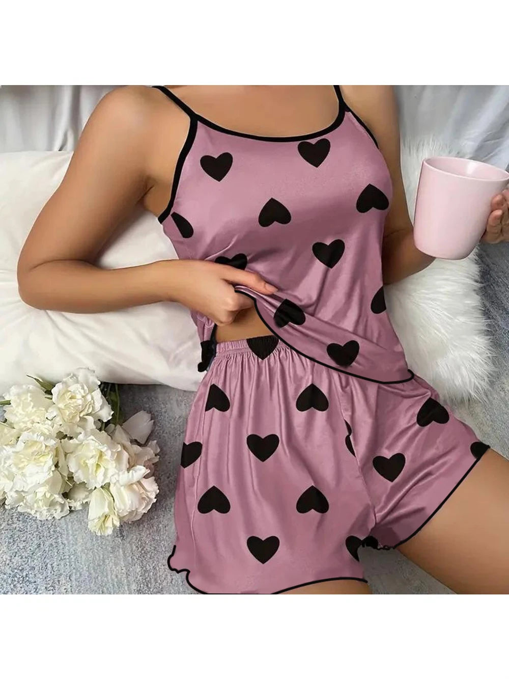 Women's Pajama Set Pajamas T-Shirts Shorts Pink Heart-Shaped Print Round Neck T-Shirt Ice Silk Top Comfortable Casual Summer 