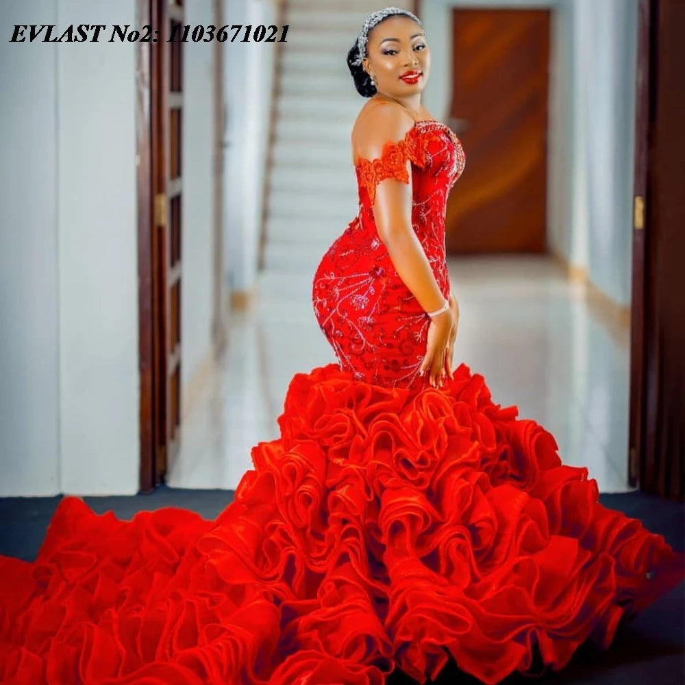 EVLAST Customized Luxury African Red Ruffles Prom Dress For Black Girls Applique Beading Formal Party Dress Evening Gown E2P79