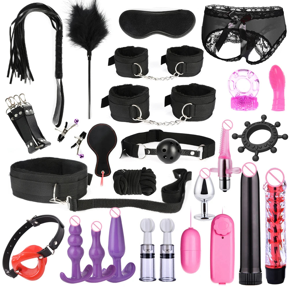 BDSM Adult Sex Toy Kits Sets for Sexy Games Bondage Mask Set Feather Handcuffs Ankle Cuff Restraints for Couple Sexual Aids 18+