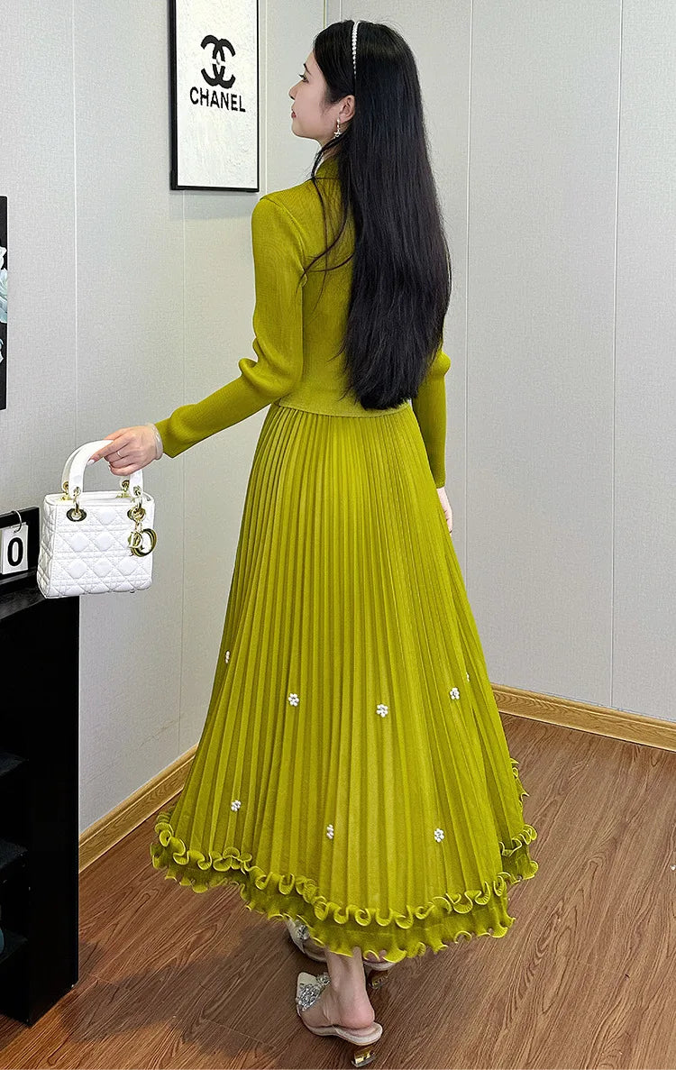 EGRM Miyake Pleated Long Dress Autumn Hot Sale Women's Double Breasted Waist Cinching Slimming High-end Stylish Versatile Skirt