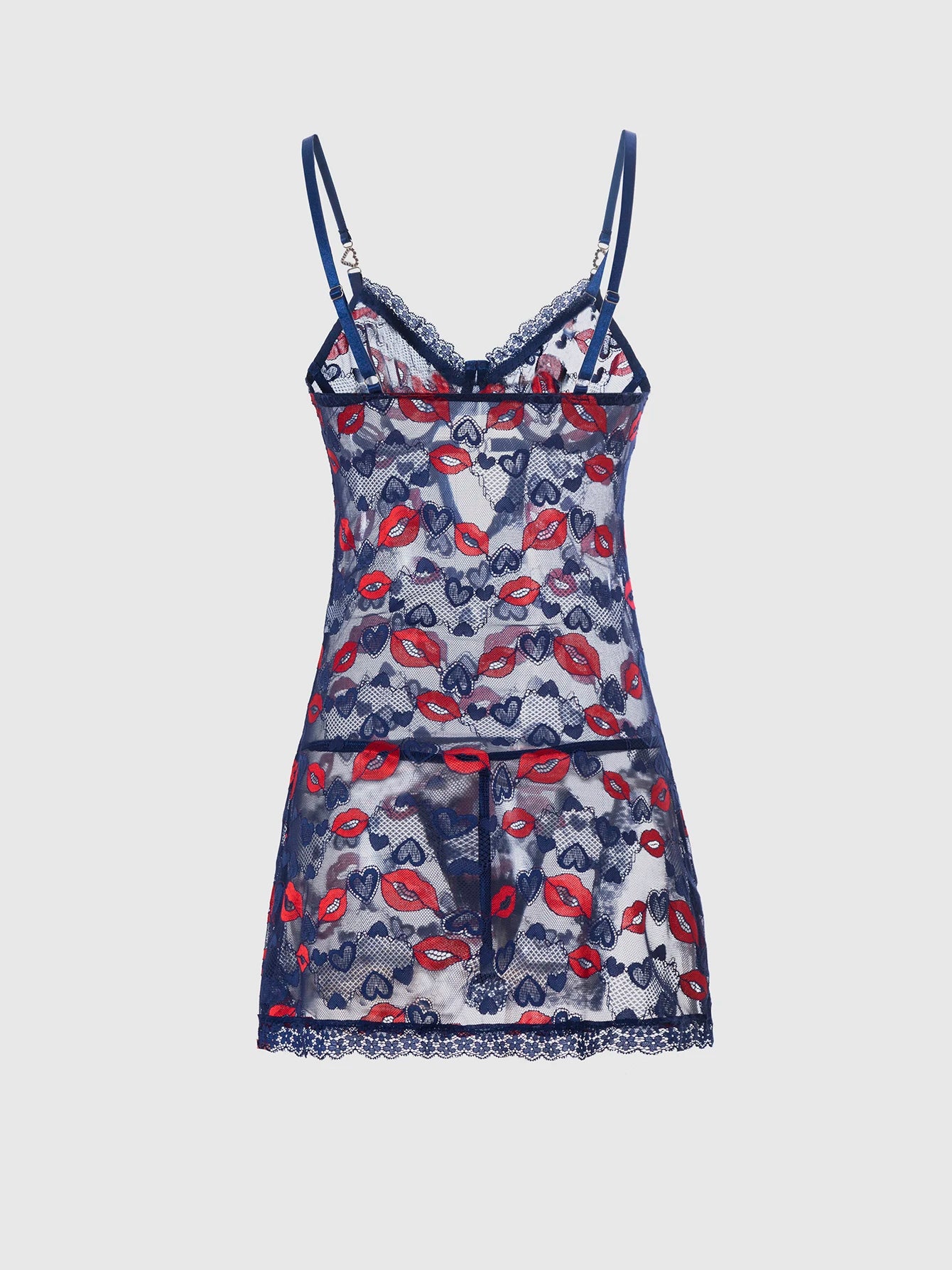 Sexy Red Lip Heart Mesh Nightgown Set Deep Blue Lace See-through Chemise Set Tempting Erotic Underwear Two-piece Set