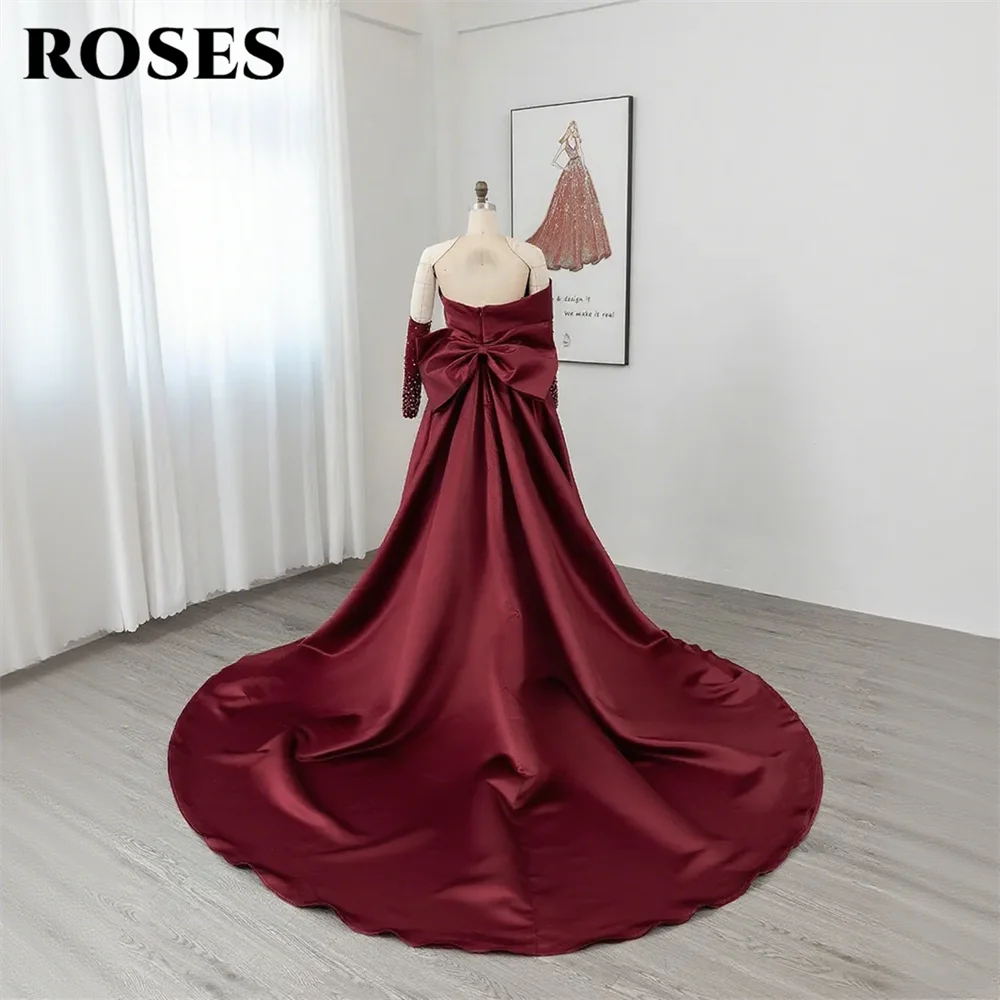 ROSES Burgundy Stain Mermaid Prom Dresses with Bow Shining Beading On Sleeve Evening Dress One Shoulder Sweetheart