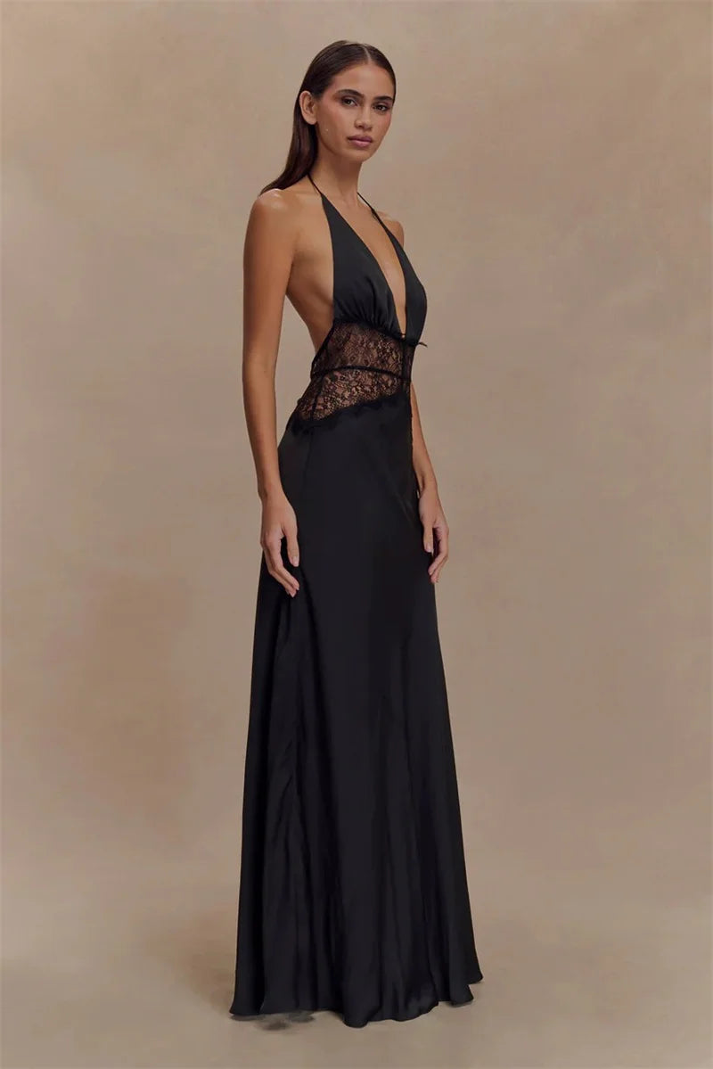 Mozision Summer Backless Sexy Maxi Dress Women Gown Patchwork Lace Halter Deep V Neck Sleeveless High Waist Elegant Long Dress