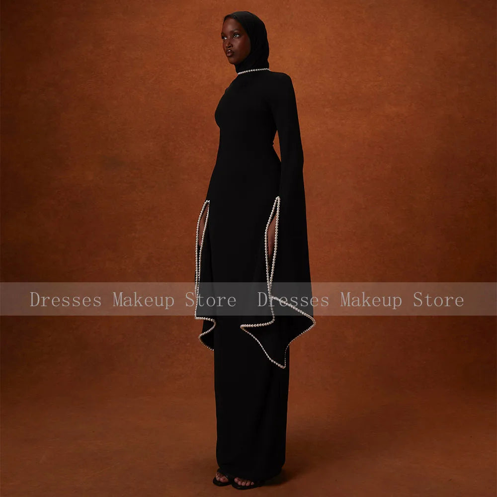 Modest Wedding Guest Dress Black O Neck A Line Elegant Formal Party Gowns for Women Pearls Long Sleeves Evening Dresses