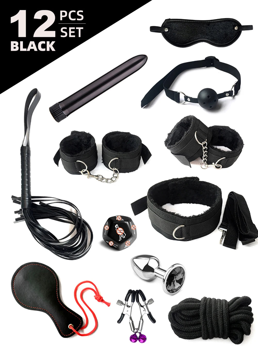 BDSM Adult Sexy Toys For Women Handcuffs Whip Anal Nipple Clamp Blindfold Strap On Vibrator Sex Bondage Set Sexual Couples Kit18