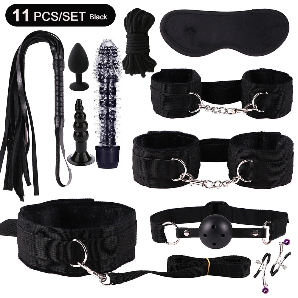 BDSM Adult Sexy Toys For Women Handcuffs Whip Anal Nipple Clamp Blindfold Strap On Vibrator Sex Bondage Set Sexual Couples Kit18
