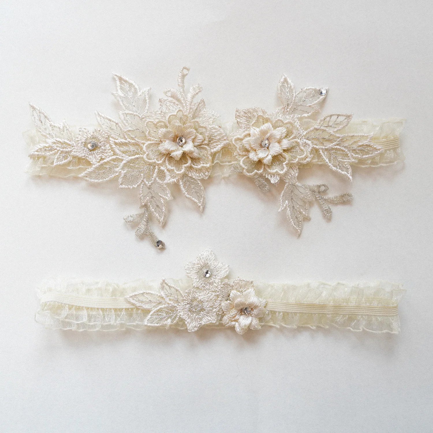 Sexy Garter Belts 2pcs Set Stretch Lace Bridal Stocking Bands Handmade Embroidery Lingerie Accessory Floral Rhinestone Style