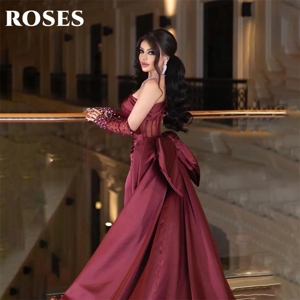ROSES Burgundy Stain Mermaid Prom Dresses with Bow Shining Beading On Sleeve Evening Dress One Shoulder Sweetheart