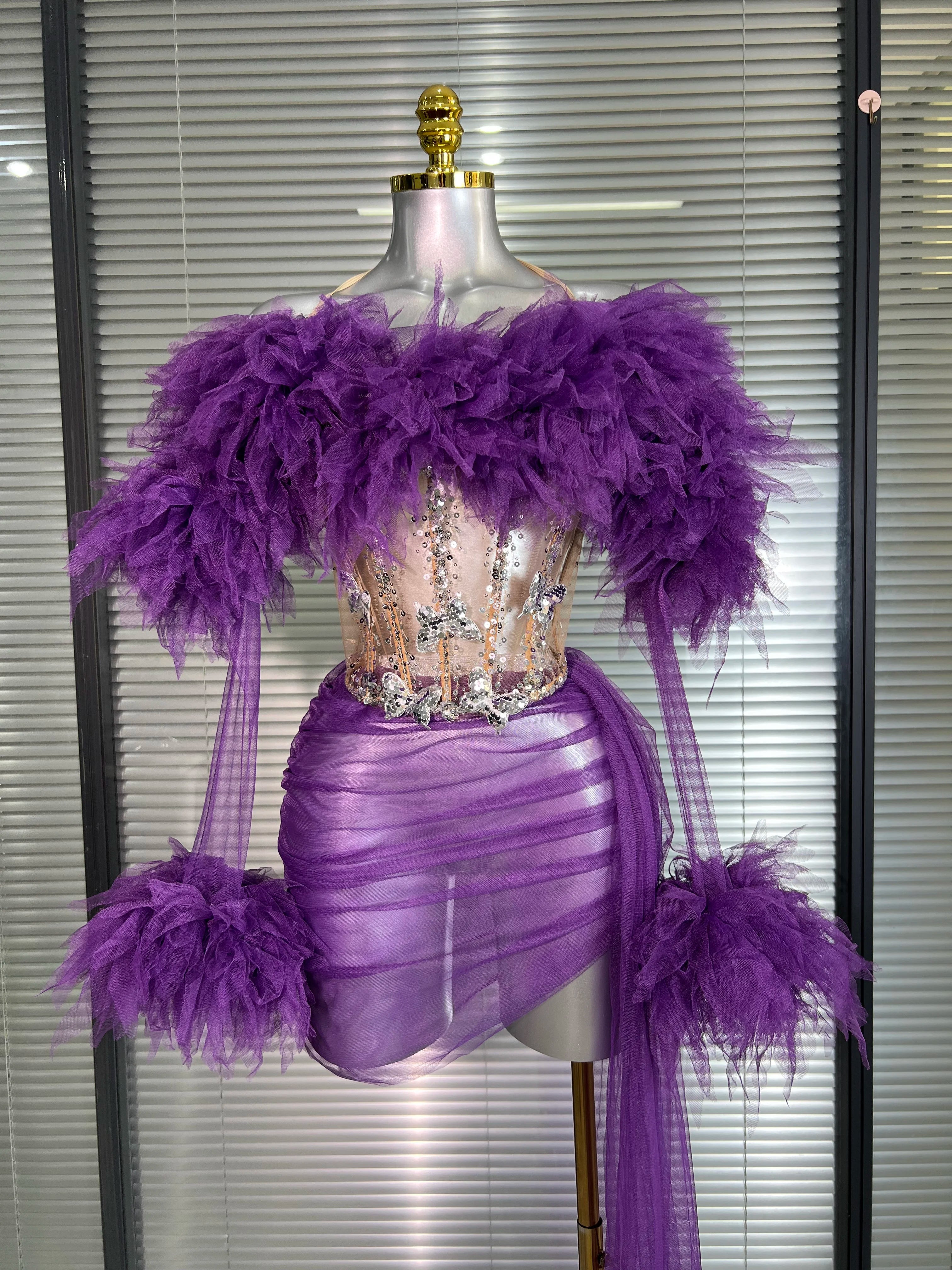 Women Sexy Two Pieces Set Celebrity Sky Blue White Purple Mesh Night Club Sheer Skirt Suits Stage Performance Costume