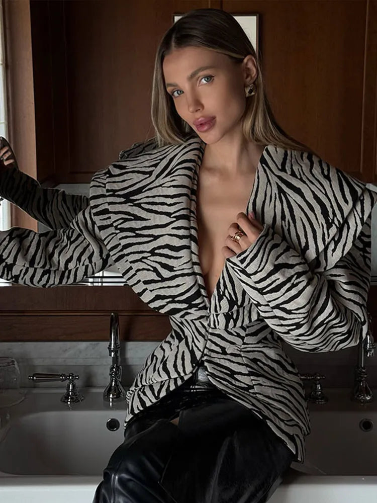 Fashion Zebra Printing Women's Jacket Skirts Suit V-Neck Waist-Closed Lady Sets Elegant 2 Pieces Set Women Outfits