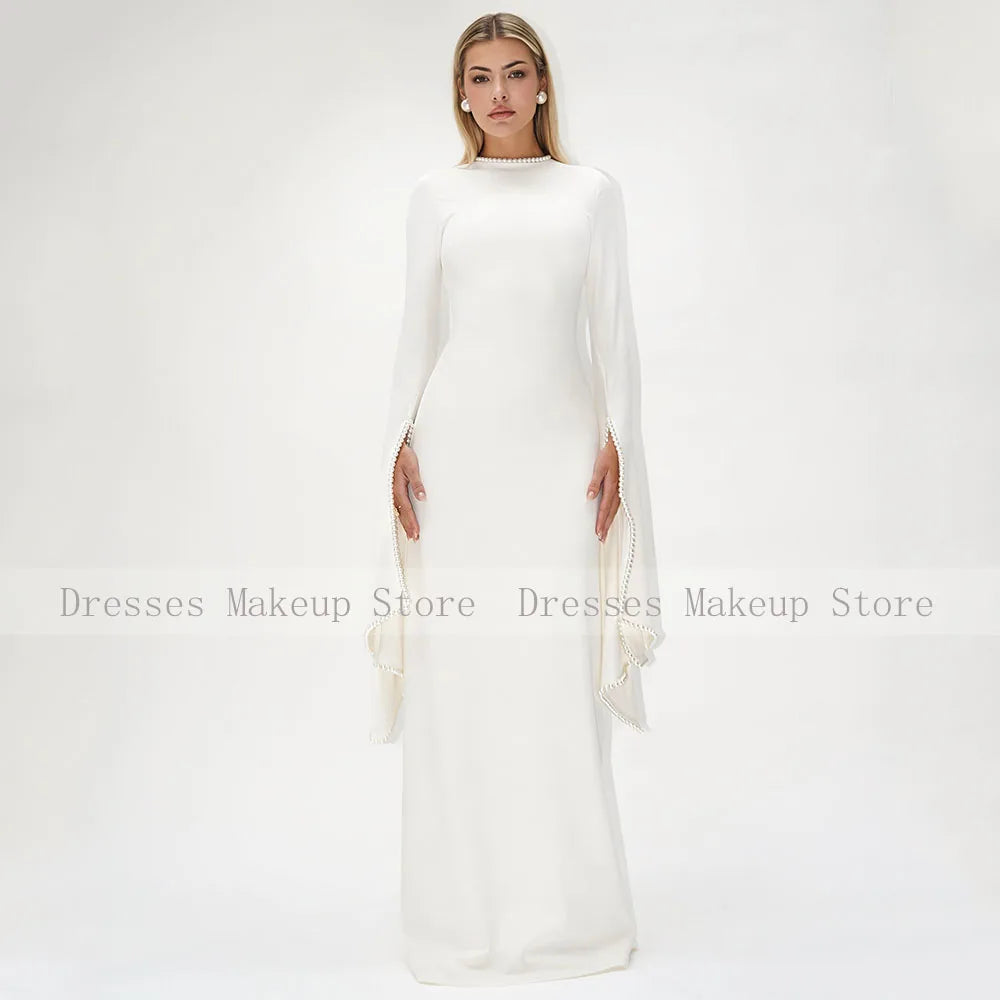 Modest Wedding Guest Dress Black O Neck A Line Elegant Formal Party Gowns for Women Pearls Long Sleeves Evening Dresses