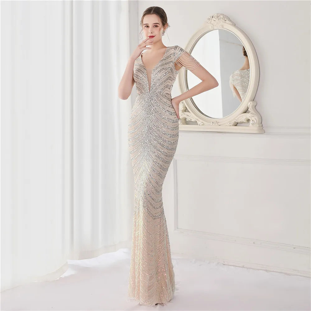 DEERVEADO Elegant V Neck Mermaid Evening Dress Long Luxury Beads Women Evening Party Dresses New Formal Dress 19085
