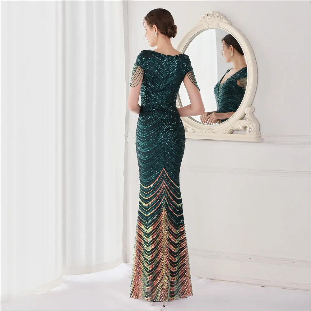 DEERVEADO Elegant V Neck Mermaid Evening Dress Long Luxury Beads Women Evening Party Dresses New Formal Dress 19085