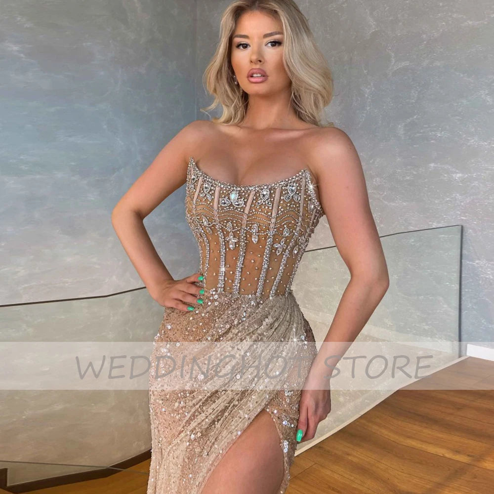 Luxury Evening Dresses Gorgeous Bead Strapless Long  Party Gowns Side Split Floor Length Illusion Sexy Pageant Dress
